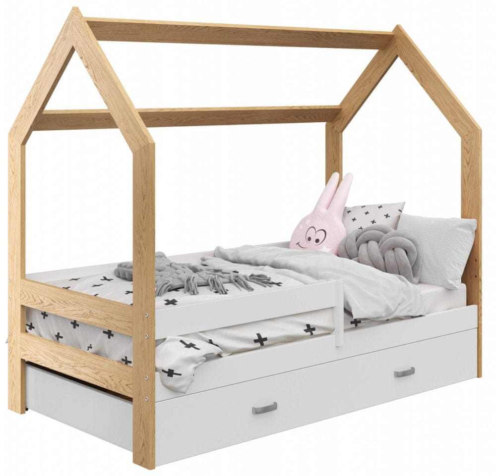 eoshop Detská posteľ Domček 80x160 cm D3, rošt ZADARMO - borovica, zábrana: biela, úlož. jednoducho: biela, matracu: s matracom